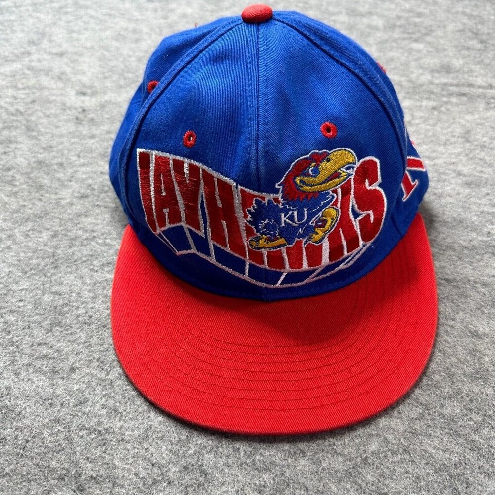 Vintage Kansas Jayhawks Snapback Hat Zephyr Blue Red Flat Bill Cap NCAA